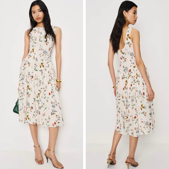 Reformation Anelis Boat Neck Drop Waist Floral Sleeveless Cocktail Midi Dress - Picture 2 of 16